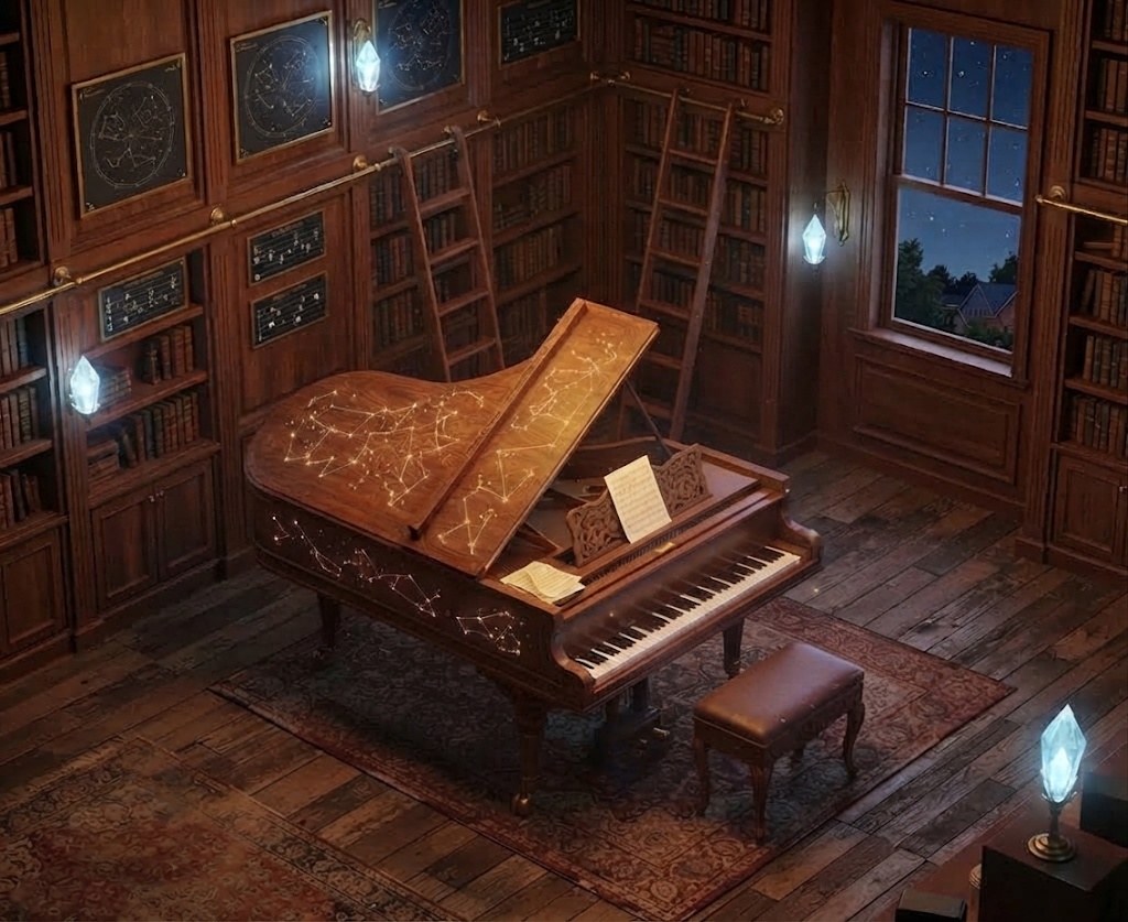 Ziggy's library — a wood-paneled archive with star charts on the walls, a piano at its center, and four glowing crystals around the room