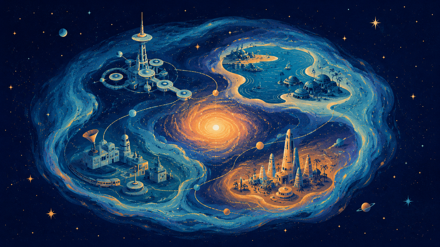 Illustrated nebula map with a jazz-club skyline and a beachside bossa town, representing the eleven jazz standard missions