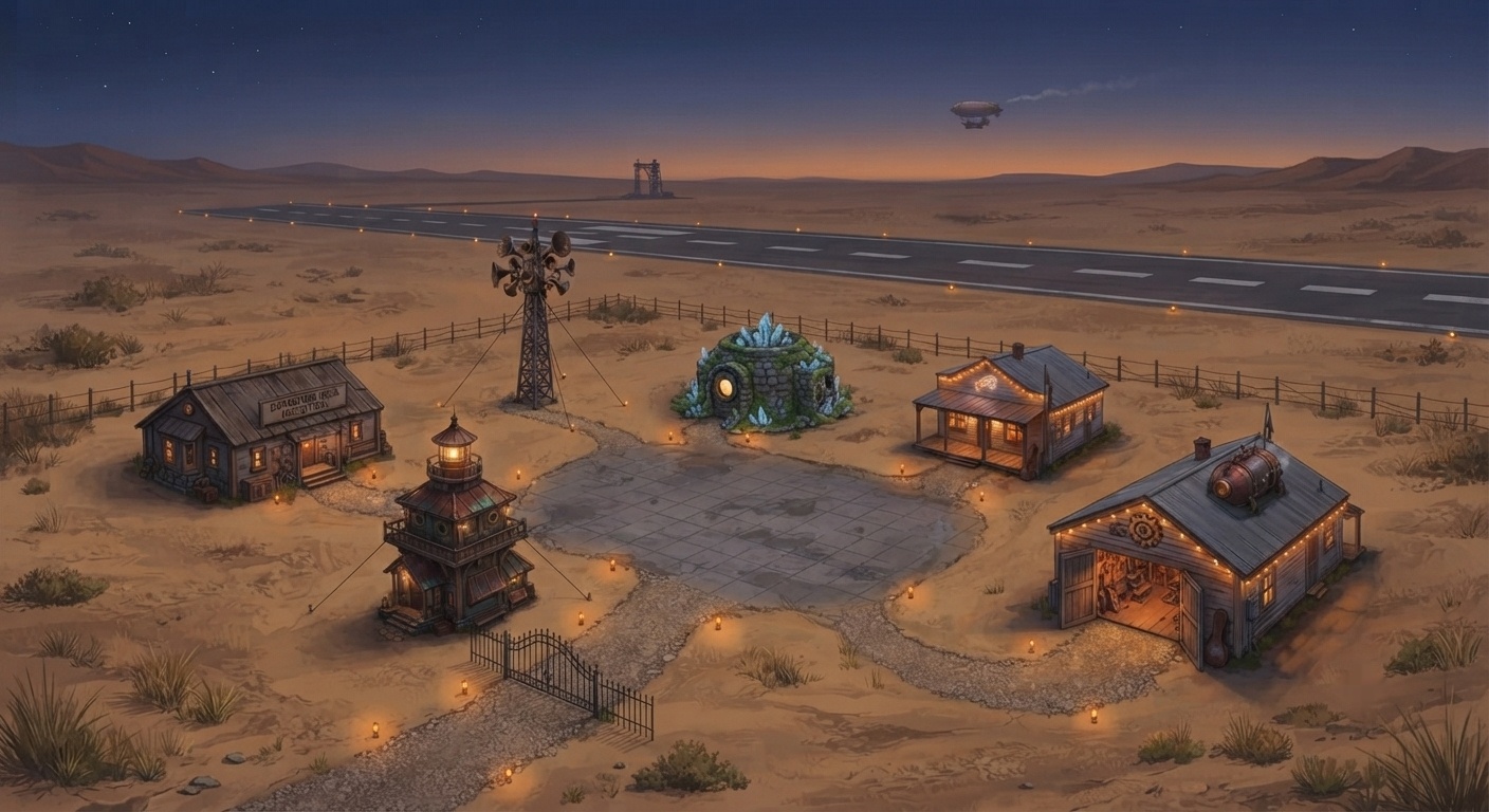 The Groove Galaxy Academy campus at night, showing all six buildings