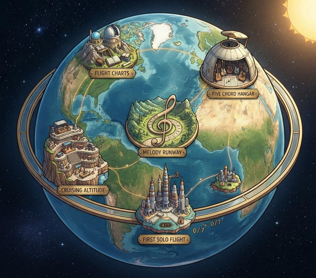 Illustrated Earth globe with mission stations marked at Flight Charts, Five Chord Hangar, Melody Runway, Cruising Altitude, and First Solo Flight