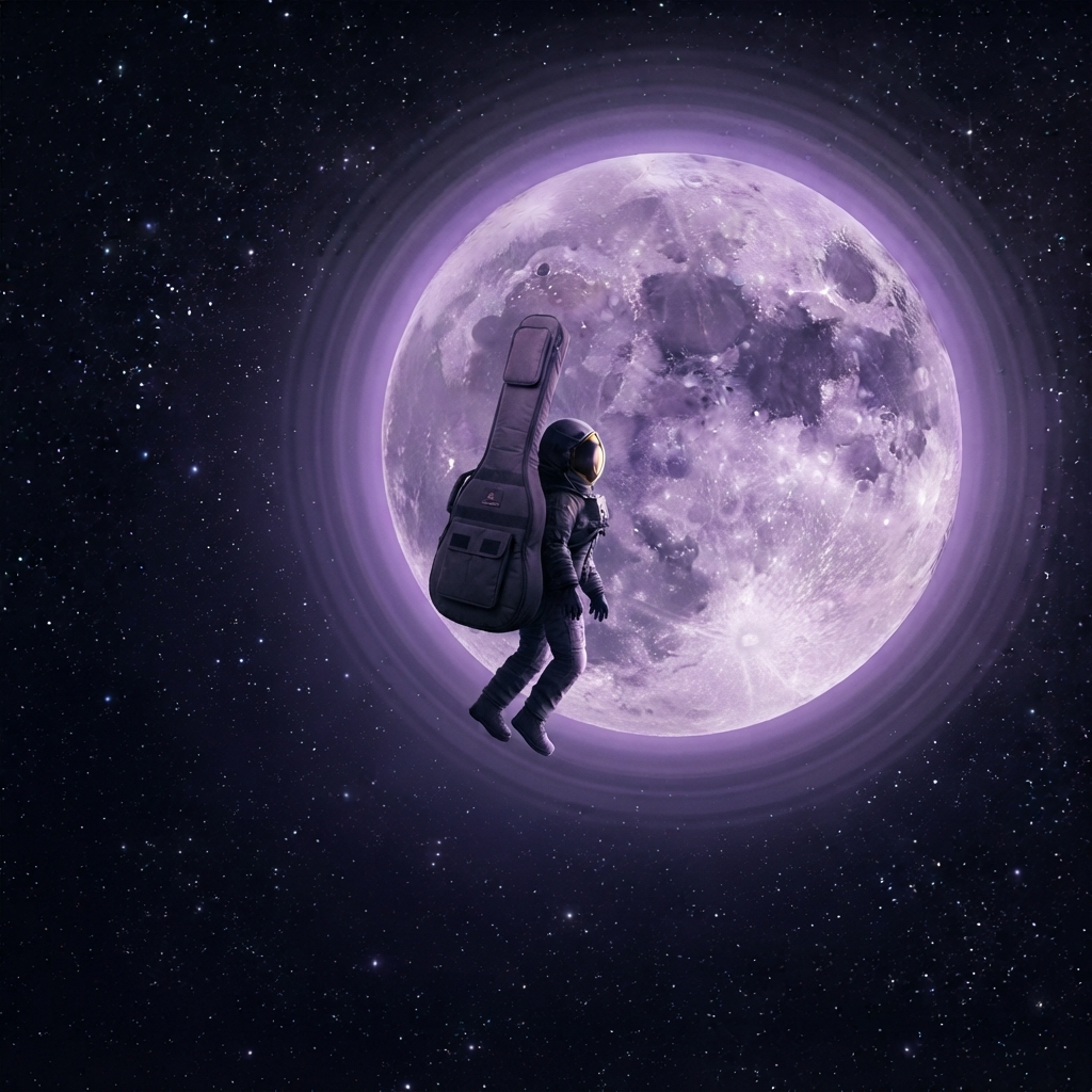 An astronaut cadet with a guitar case on their back, floating in space in front of a massive glowing violet full moon