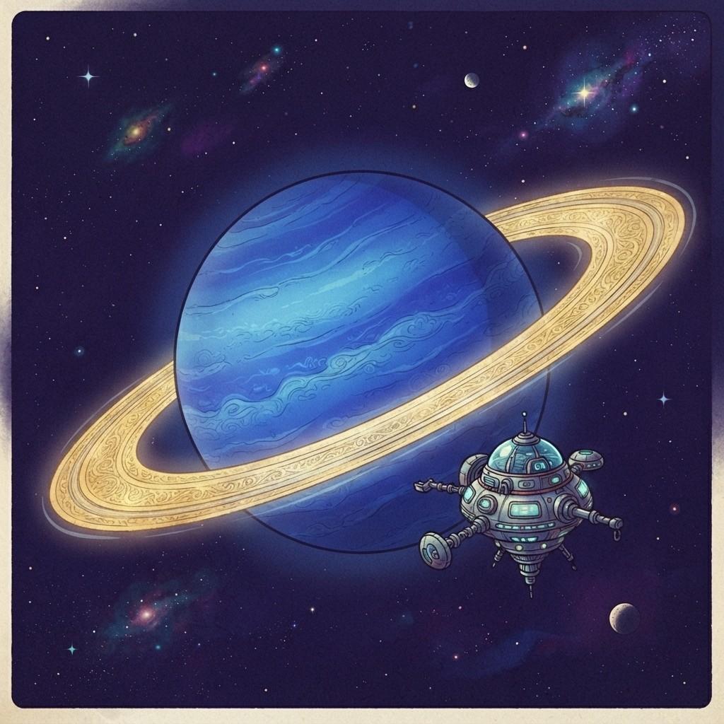 Illustrated deep-blue Neptune with wide golden rings and a small station orbiting, representing the seminar library