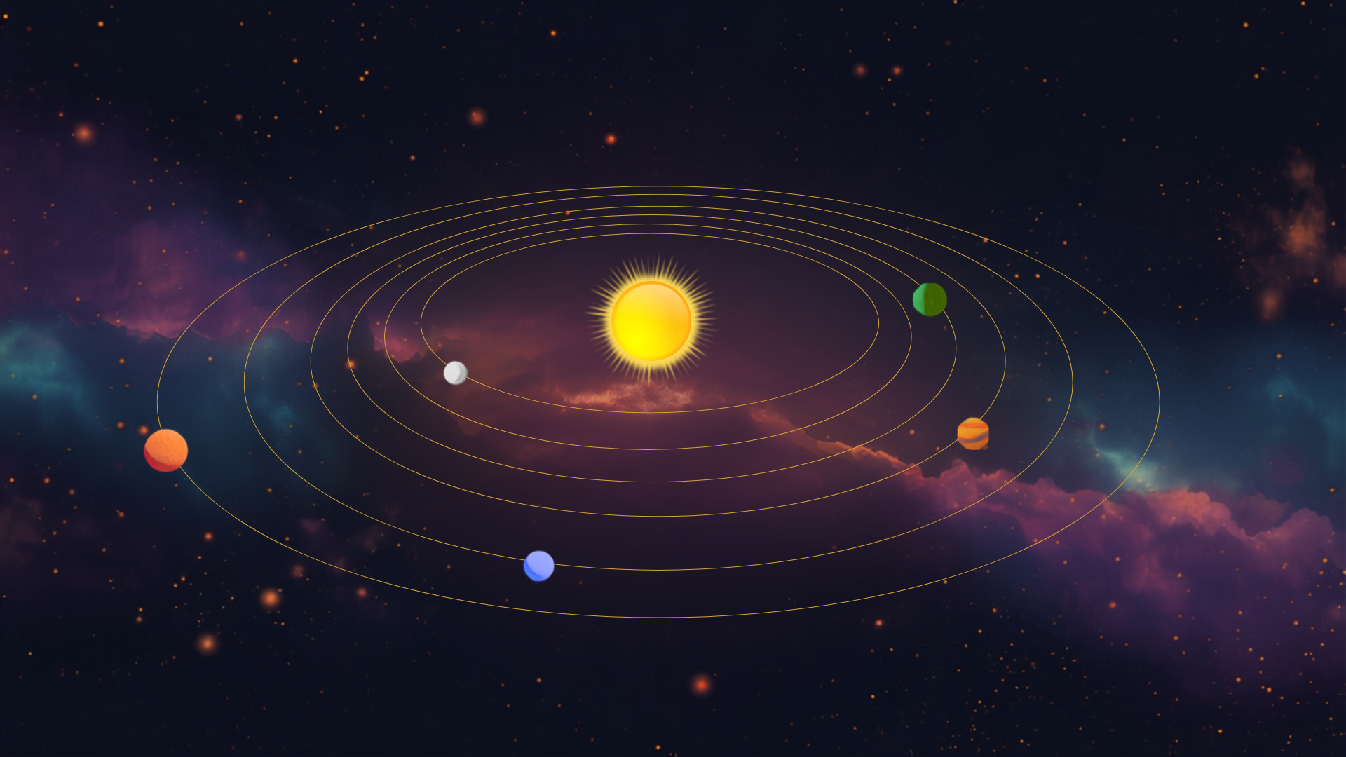 Illustration of a small stylized solar system with the sun at the center and planets orbiting on ring paths
