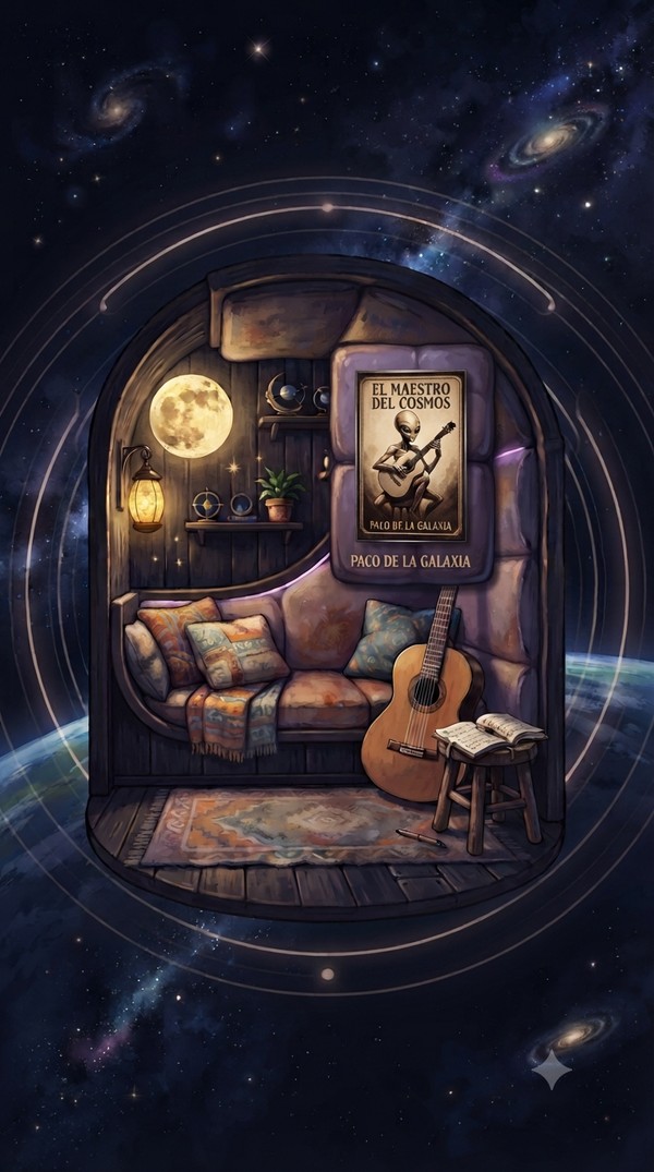 A cozy practice nook floating among stars, Grade 1's setting