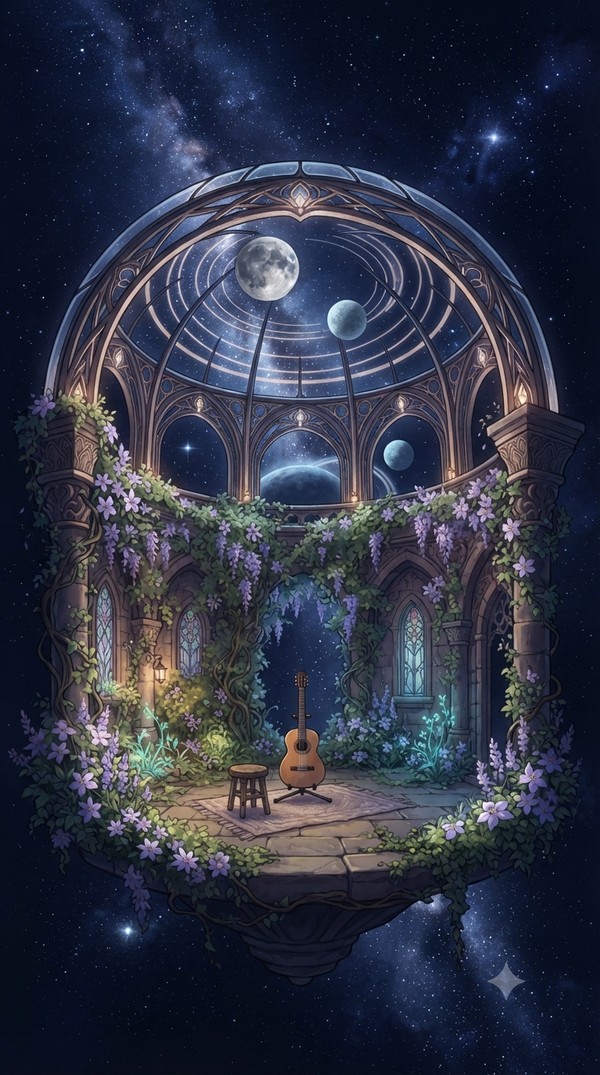 A garden courtyard dome floating among stars, Grade 2's setting